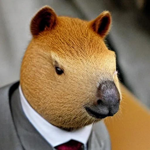 Image similar to capybara head, a man wearing a suit capybara head (smoking cigar)