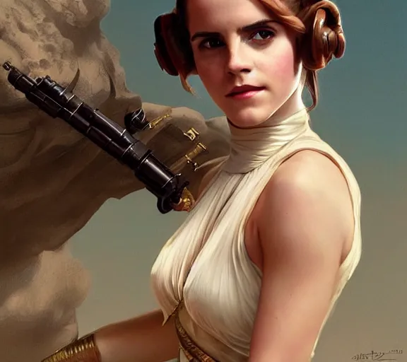 Image similar to photography of a sensual emma watson dressed like princess leia slave girl outfit star wars, deep focus, intricate, elegant, highly detailed, digital painting, artstation, concept art, matte, sharp focus, illustration, art by artgerm and greg rutkowski and alphonse mucha and gil elvgren