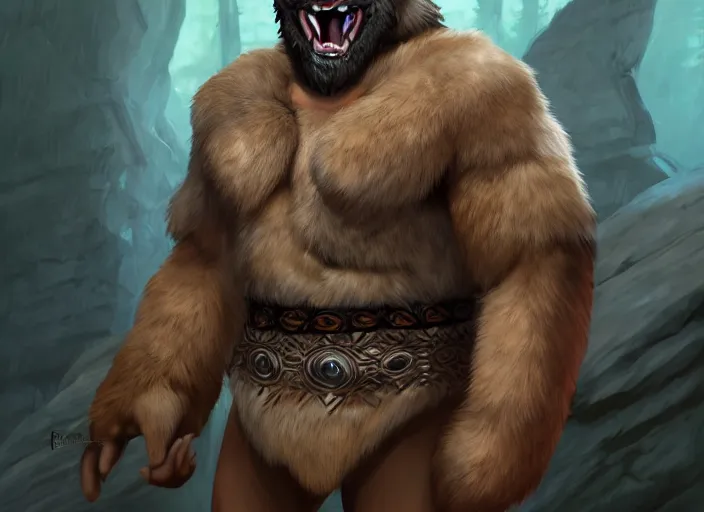 Image similar to burly tough character feature portrait of the anthro male anthropomorphic wolf fursona animal person wearing tribal primitive caveman outfit belt standing in the entrance to the cave, center framed character design stylized by charlie bowater, ross tran, artgerm, makoto shinkai, detailed, soft lighting, rendered in octane