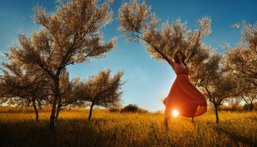 Image similar to dancing in a field of ripe peach trees, photo, cinematic lighting, cinematic still, golden hour