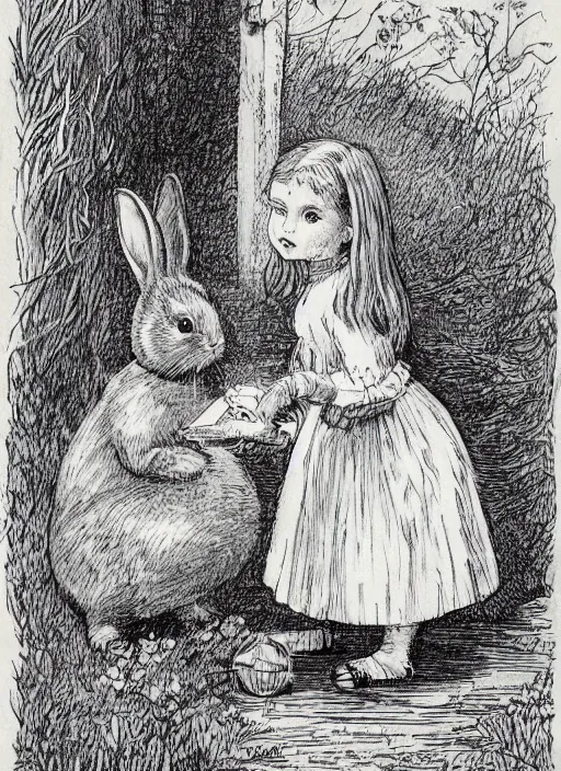 Prompt: a picture of a bunny and a girl, a storybook illustration by sir john tenniel, behance, american romanticism, storybook illustration, photoillustration, childs drawing