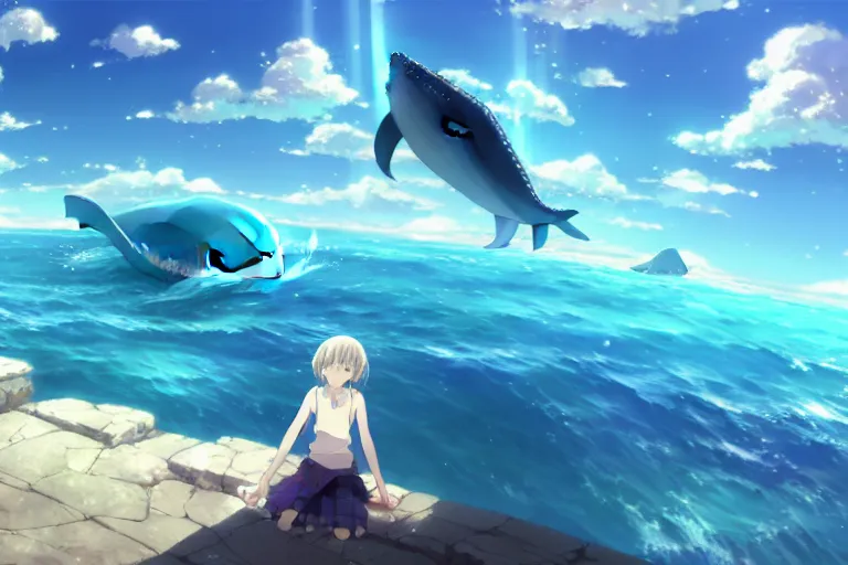 Image similar to a panorama distant view under the water, anime art full body portrait character concept art, hyper detailed cg rendering of a cute girl and whale, anime key visual of children of the sea, finely detailed perfect face, style of raphael lacoste, makoto shinkai, violet evergarden, studio ghibli, james jean, hayao miyazaki, extremely high quality artwork