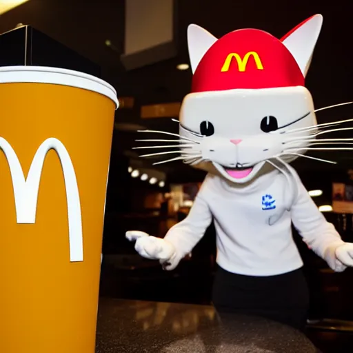 Prompt: photo of anthropomorphic cat working for mcdonalds