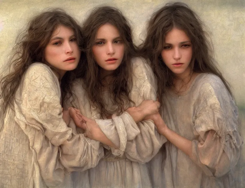 Prompt: beautiful peasant sisters with long hair, cottage core, cinematic focus, polaroid photo bleached vintage pastel colors high - key lighting, soft lights, foggy, by steve hanks, by lisa yuskavage, by serov valentin, by tarkovsky, 8 k render, detailed, oil on canvas