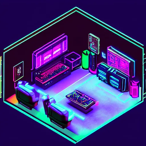 Prompt: an isometric render of a cyberpunk gaming room. view from above, isometric, dark background, soft shadows, neon lights. rendered in blender with eevee. concept art, 4 k