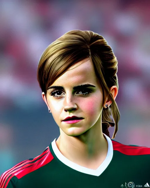 Image similar to a portrait of emma watson as a lokomotiv football player, hyper realistic