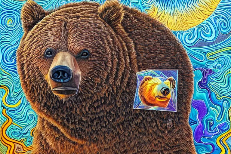 Prompt: a realism painting of a grizzly bear observes the space - time continuum on heroic dose of psilocybin by, alex grey, android jones, and aaron brooks, and chris dyer, highly detailed and realistic