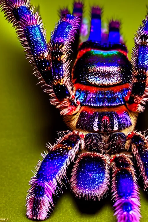 Image similar to high quality macro photo iridescent tarantula! jewelled supercute! highly detailed david ligare elson peter cinematic blue neon lighting high quality low angle hd 8k sharp shallow depth of field