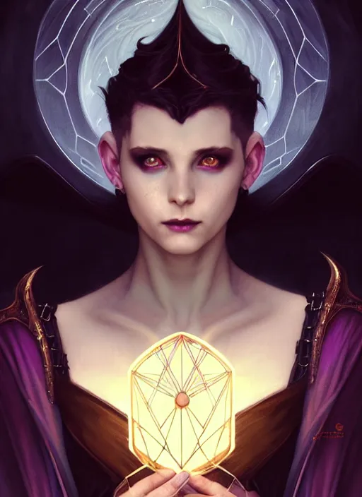 Image similar to a beautiful cinematic female Necromancer Sorceress, galatic shamen with Quantum energy fantasy, fantasy magic, short fade hair, undercut hairstyle, dark light night, intricate, elegant, sharp focus, illustration, highly detailed, digital painting, concept art, matte, art by WLOP and Artgerm and Greg Rutkowski and Alphonse Mucha, masterpiece