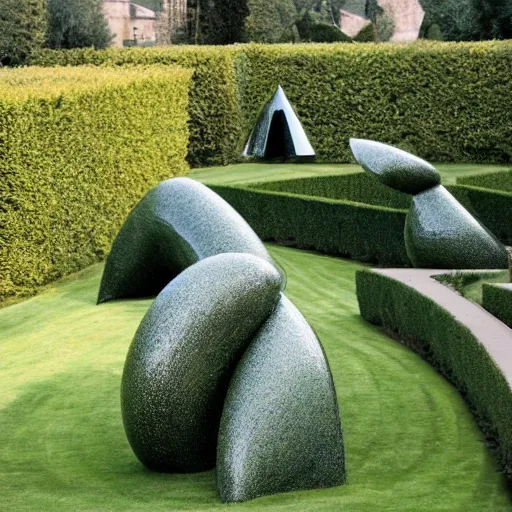 Prompt: giant Italian modern castle formal garden with a modern stainless steel organic shaped modern sculptures with mirror finish by Tony Cragg, photo by Annie Leibovitz