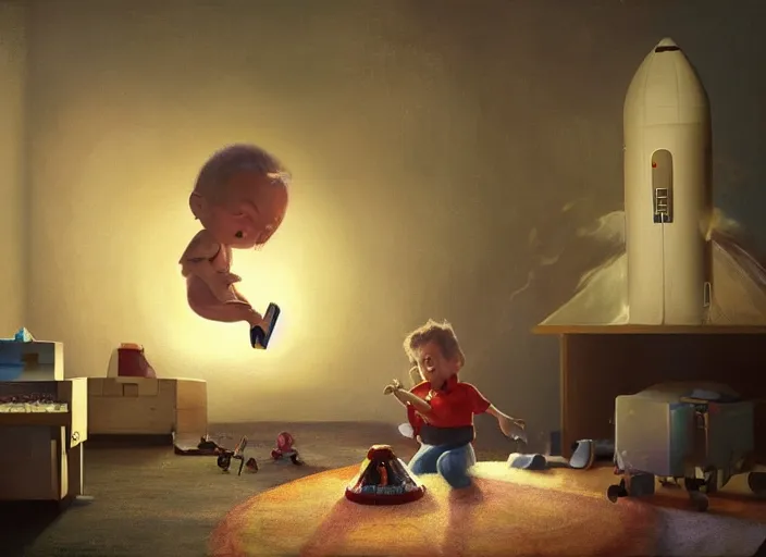 Image similar to lonely toddler elon musk sitting on a shaggy rug playing with his little space rockets, bedroom, realistic painting, beautiful soft lighting, istvan sandorfi