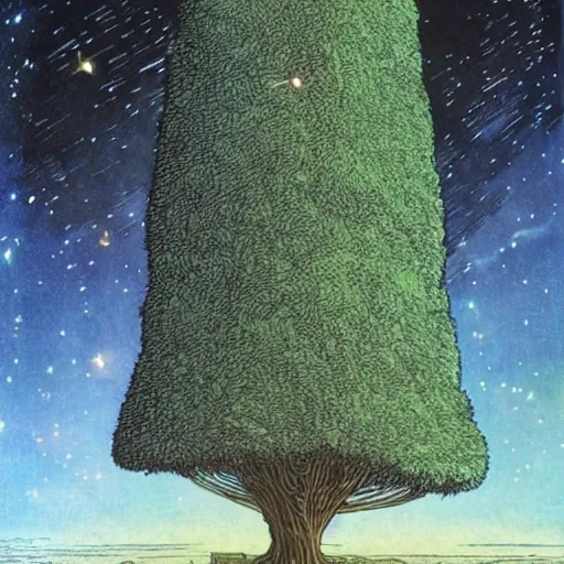 Prompt: a large tree hovering in space, rooted in a galactic crystal, by moebius