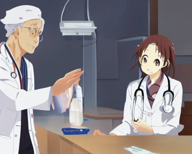 Image similar to a cute young female doctor wearing white coat are talking with an old surgeon in a hospital, slice of life anime, lighting, anime scenery by Makoto shinkai