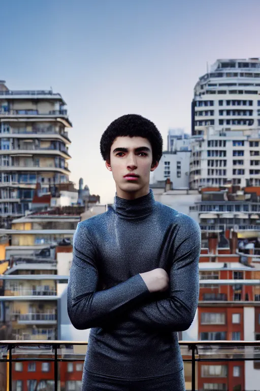 Image similar to un ultra high definition studio quality photographic art portrait of a young man standing on the rooftop of a british apartment building wearing soft padded silver pearlescent clothing. three point light. extremely detailed. golden ratio, ray tracing, volumetric light, shallow depth of field. set dressed.