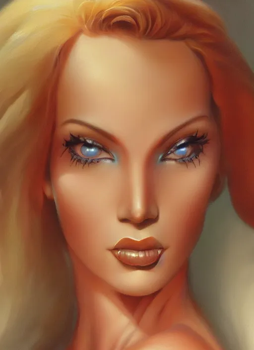 Prompt: closeup portrait a beautiful woman by boris vallejo and julie bell, mark rydek, popovy sisters, intricate, bjd, trending on artstation.