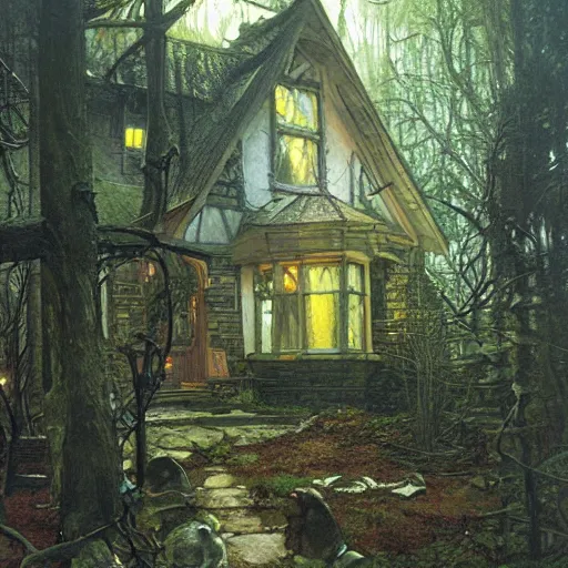 Image similar to witch cottage in the forest, art by norman rockwell and donato giancola and greg rutkowski, vintage scifi art, moody lighting, volumetric lighting