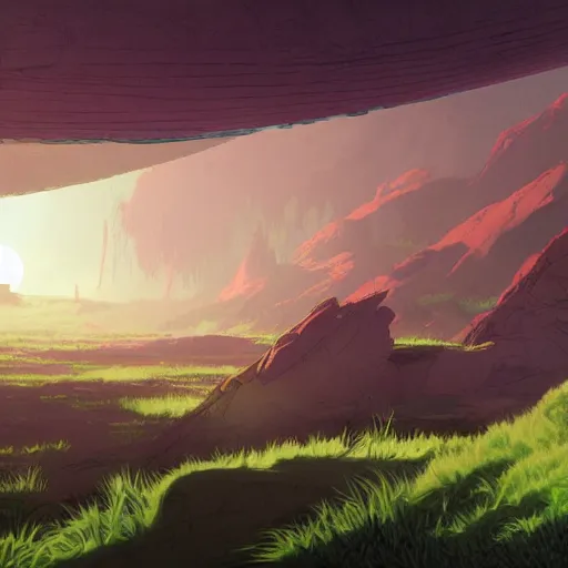 Image similar to concept art painting of an alien world full of alien dinosaurs, detailed, cel shaded, in the style of makoto shinkai and moebius and james gurney