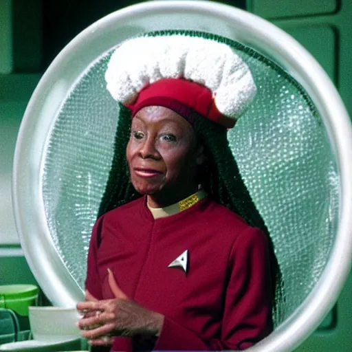 Prompt: guinan from star trek wearing random frisbees and hoops on her head