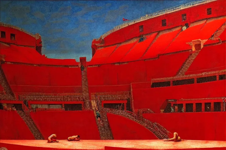 Image similar to only with red, a red gladiator in a crowded roman amphitheatre, crowd cheers him, in the style of beksinski, parts by edward hopper, parts by rodcenko, parts by yue minjun, intricate and epic composition, red by caravaggio, insane quality, highly detailed, masterpiece, red light, artstation