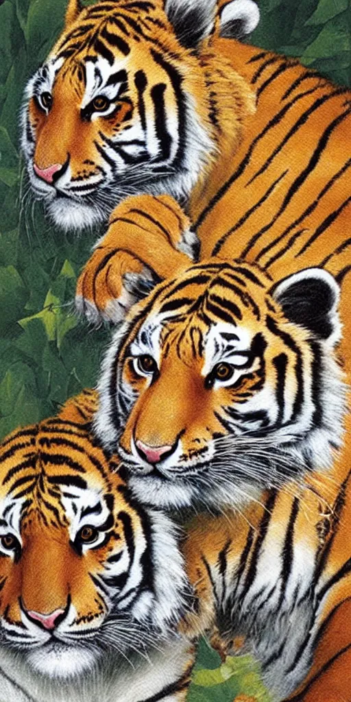 Image similar to greeting card, love, 2 beautiful siberian tigers, by tran nguyen, warm colors, cozy