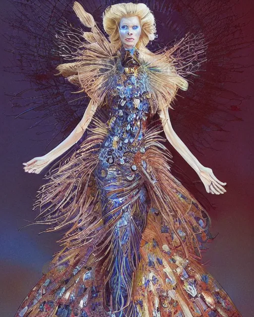 Image similar to fashion model walking down a catwalk, elaborate dress by alexander mcqueen, beautiful feminine face, art by michael whelan and chris moore and howard david johnson and tim white and dan giancola