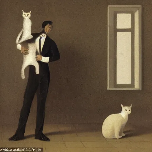 Prompt: a full body portrait of a man and a cat in a wide room. the cat is below the man