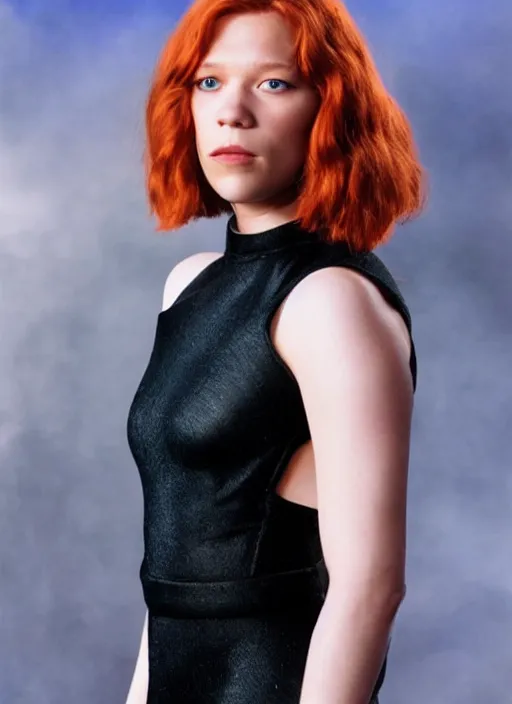 Prompt: lea seydoux portraying a beautiful mara jade from star wars legends, in a black suit, without lightsaber, movie, hyper realistic, hollywood promotional image, imax, 8 k