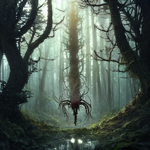 Image similar to highly detailed creepy forest humanoide creature in robes, stephen bliss, unreal engine, fantasy art by greg rutkowski, loish, rhads, ferdinand knab, makoto shinkai and lois van baarle, ilya kuvshinov, rossdraws, tom bagshaw, global illumination, radiant light, detailed and intricate environment