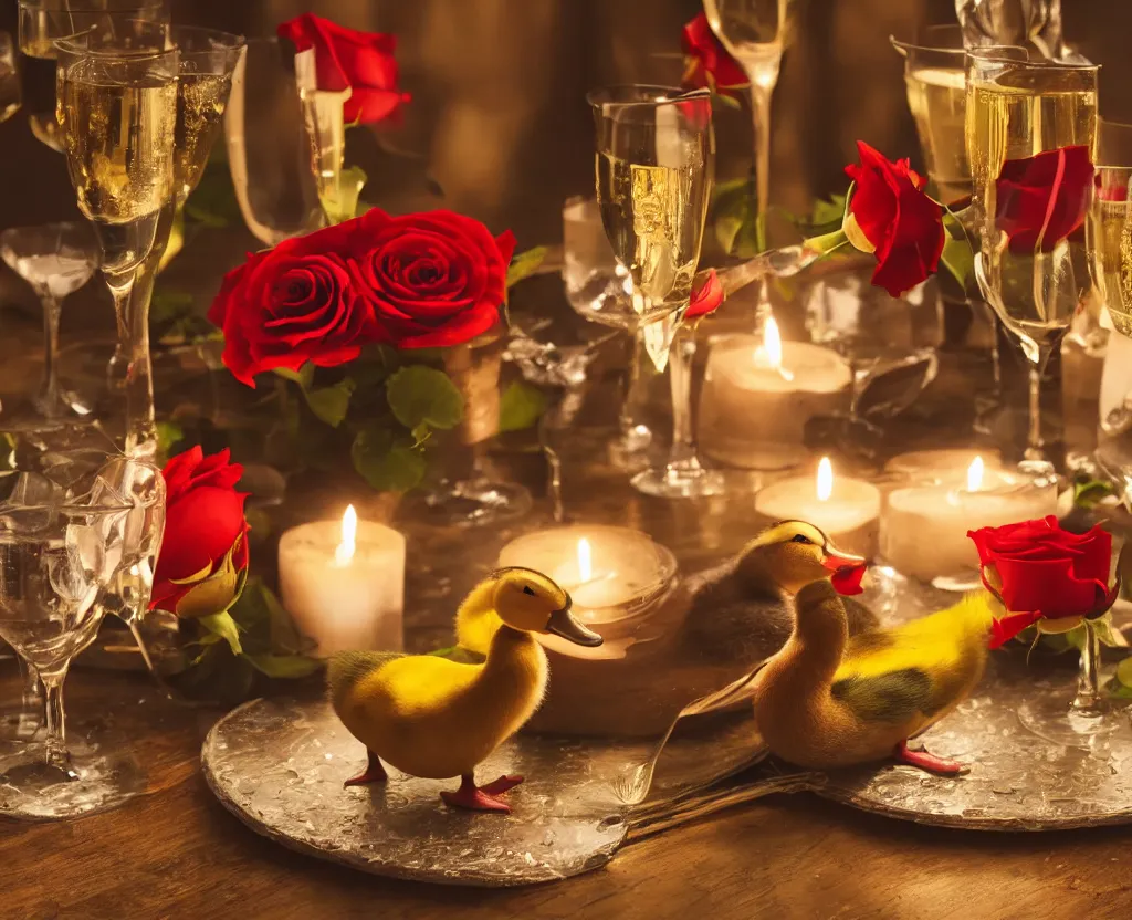Prompt: two ducks with funny hats on their heads having a romantic dinner with candles champagne petals roses, highly detailed, 8 k ultrahd hd resolution