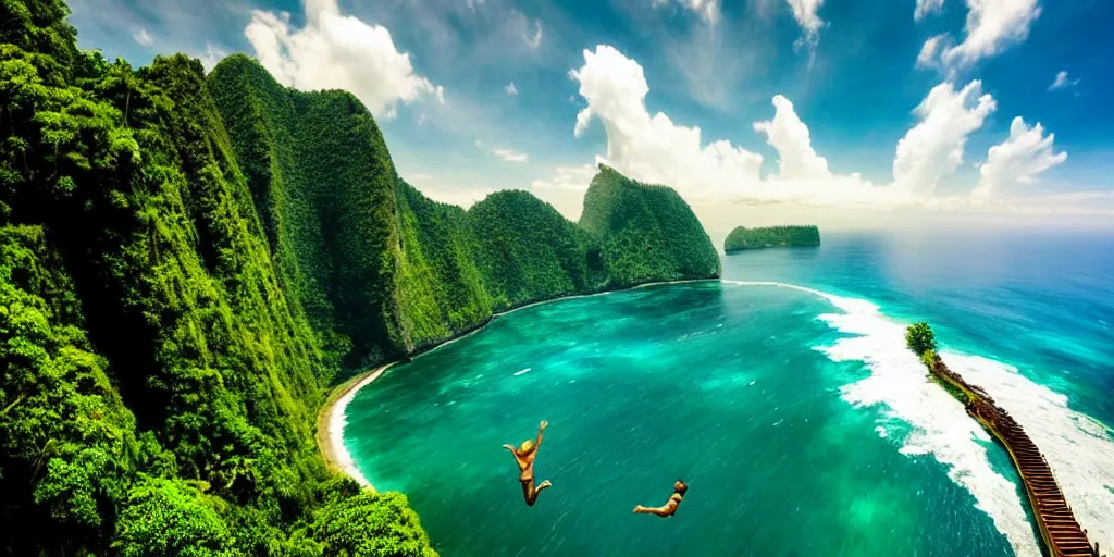 Image similar to Bali, dream, steampunk, beautiful nature, sunny day, sunshine lighting high mountains, which are higher than white fluffy clouds with green trees on top, a small wooden bridge connecting two mountains, ocean beneath the mountains with clear blue water, steel whales jumping and showing from the waves, cinematic, 8k, highly detailed