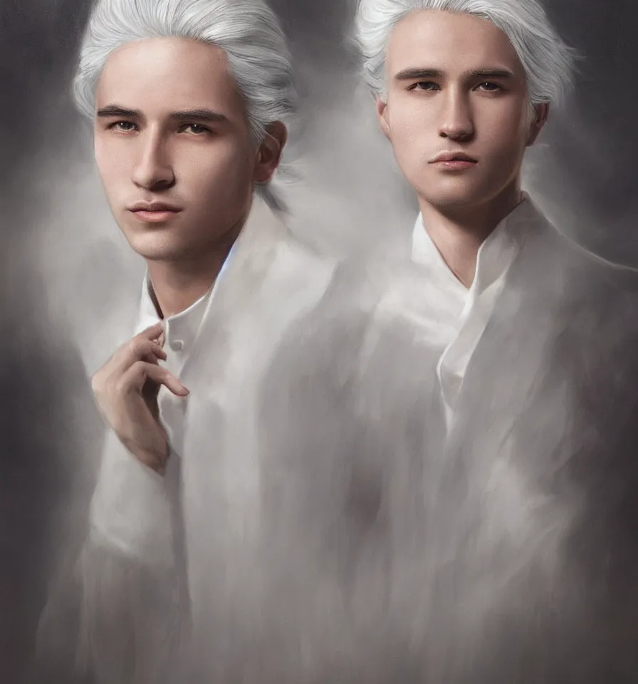 Image similar to a portrait of a young handsome prince with white hair, elegant, beautiful, backlit, incredible lighting, strong rim light, highly detailed, god rays, digital painting, HDRI, by Heise Jinyao, Heise-Lian Yan Fang, Feimo, Richard Taddei, vivid colors, high contrast, 8k resolution, intricate, photorealistic, smooth