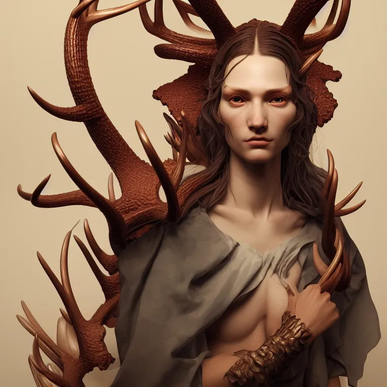 Image similar to portrait ms with ribbed body, covered with twisted ribbed crooked antlers, baroque portrait by rutkowsky and charles vess and james jean and erik jones and rhads, 3 d octane render, beautiful fine face features, intricate high details, sharp, ultradetailed, artistic photography