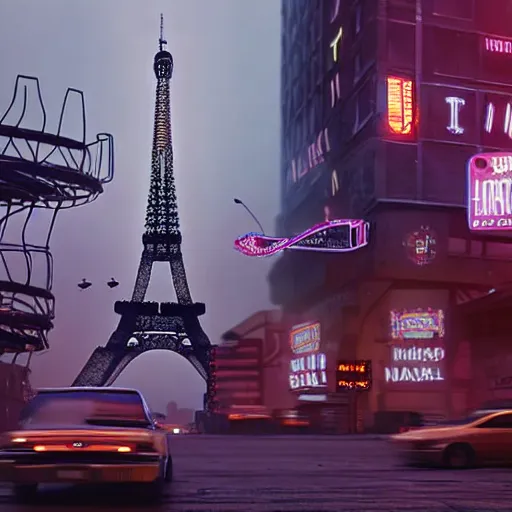 Prompt: A beautiful intricate 8K award-winning ground-level cinematic movie photograph of the future destroyed and decaying neon Eiffel Tower surrounded by corporate billboards. in the year 2043, by Bruno Delbonnel and greg rutkowski. Arri Alexa 65, IMAX 70mm footage. Dirty billboards. Cinematic lighting