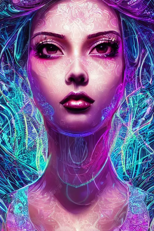 Prompt: An extremely beautiful neon-noir kawaii ornate highly detailed HD portrait of a young attractive woman with a silky bio-luminiscent holographic dress, neo-cyberpunk, professionally painted digital art illustration, smooth, sharp focus, atmospheric lighting, highly detailed illustration highlights, golden ratio, symmetrical facial features, extremely detailed winning award masterpiece, very coherent symmetrical artwork, sense of awe, 8K post-processing, trending on artstation flawless, prismatic highlights, telephoto, depth of field, cinematic, macro, concept art, wepa digital, elegant, epic, octane render, v-ray, C4D