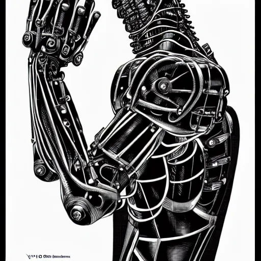 Prompt: cyberborg arm, intricate, veins, by Hugo pratt, ultradetailed