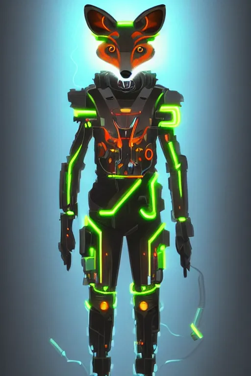 Image similar to stunning digital art of a cybernetic anthropomorphic fox wearing full-body neon armor, cyberpunk, incredible lighting, trending on ArtStation