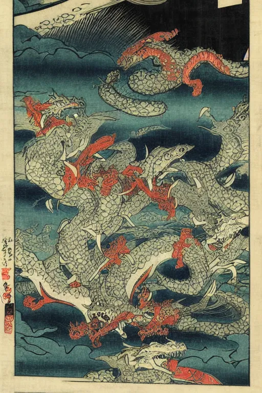 Image similar to A sea of dragons by Utagawa Kuniyoshi, ukiyo-e, nightmare ocean storm