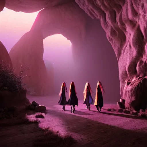 Image similar to witches walking through a magical portal in an ethereal cave ,highly detailed, 4k, HDR, award-winning, artstation, octane render