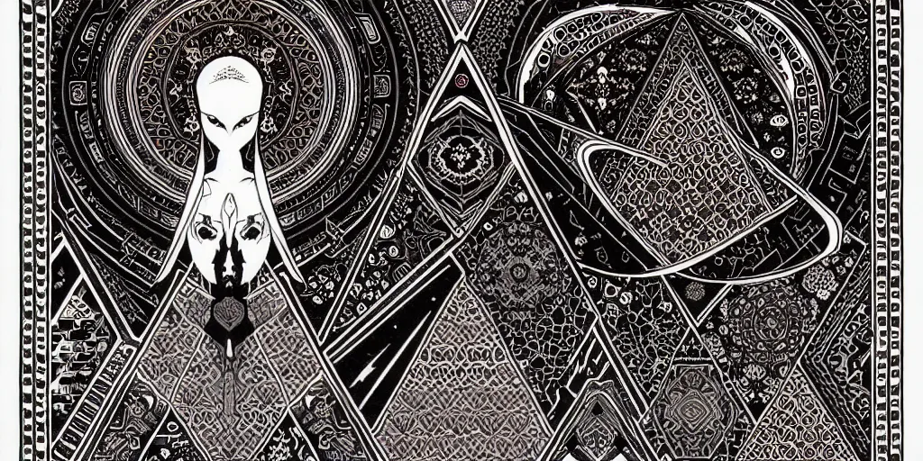 Image similar to ancient ornate carpet, high details, bold line art, by vincent di fate and joe fenton, inking, etching, screen print, masterpiece, trending on artstation, sharp, high contrast, hyper - detailed,, hd, 4 k, 8 k