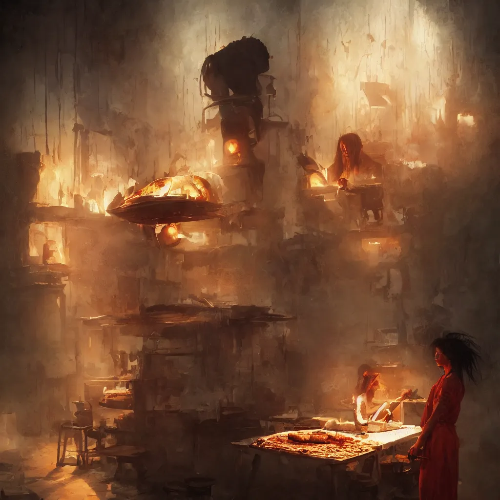 Image similar to a portrait of nick cave baking pizza, eerie colors, dramatic light, gorgeous view, depth, high detail, digital art, painted by greg rutkowski and seb mckinnon, trending on artstation