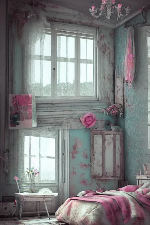 Prompt: hq sharp photo realistic shabby chic room with windows colorful atmospheric, artstation behance