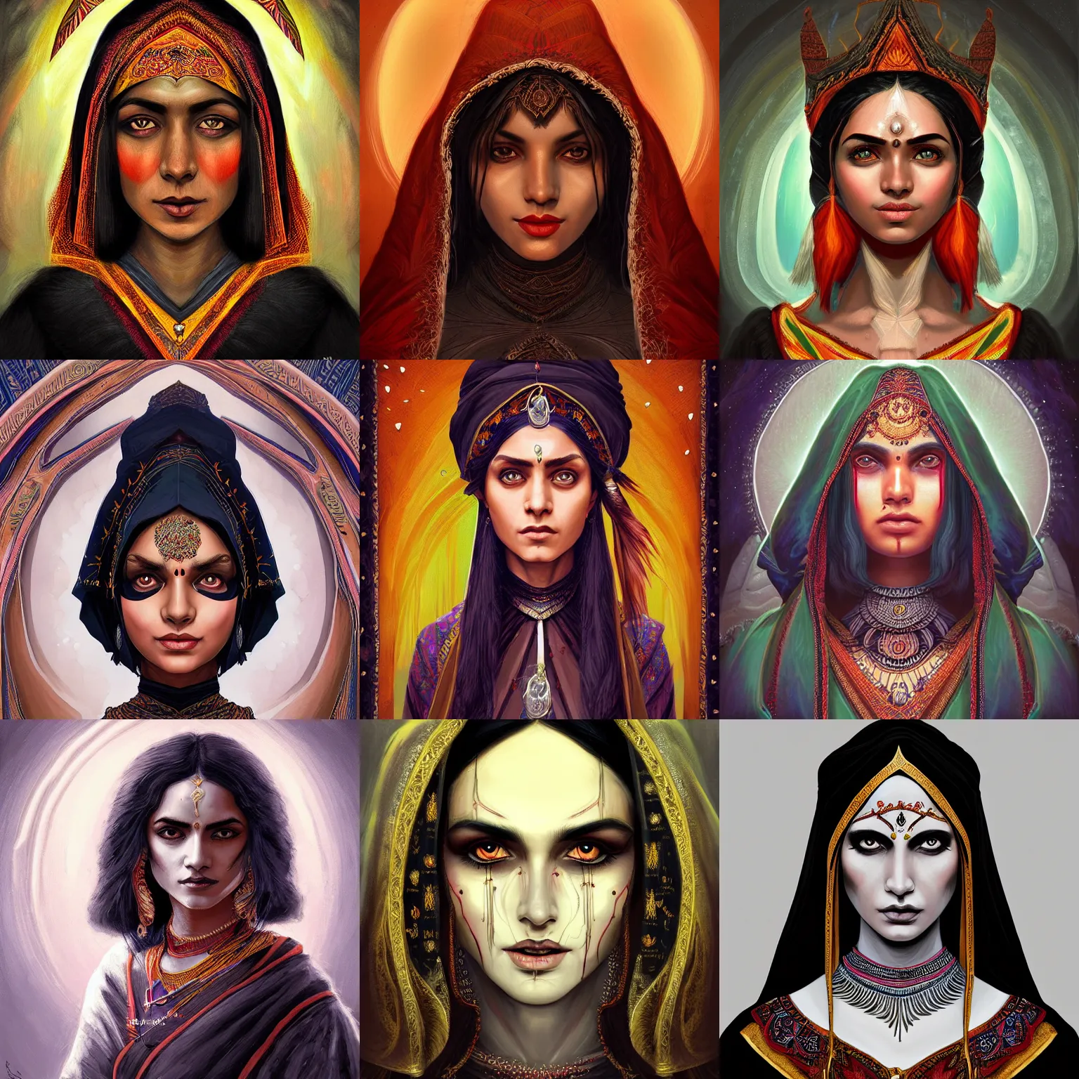 Prompt: head-on symmetrical centered painted portrait, Indian woman D&D wizard, black hair, medieval robes, fantasy, intricate, elegant, highly detailed, digital painting, smooth, sharp focus, illustration, artstation, in the style of Artgerm and Anna Podedworna and Alex Ross