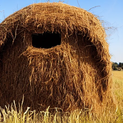 Image similar to a detailed hay monster in a field looking ominously at the camera