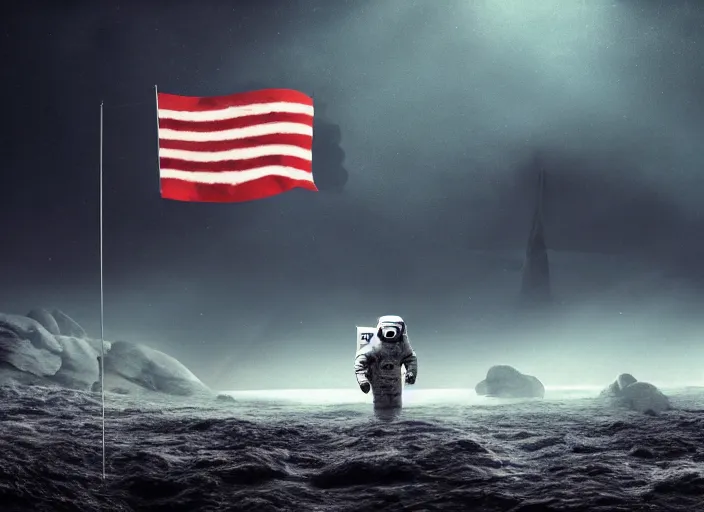 Image similar to astronaut holding a flag in an underwater desert. a submarine is visible in the distance. dark, concept art, cinematic, dramatic, atmospheric, 8 k, trending on artstation, blue, fish, low visibility, fog, ocean floor, christopher nolan, interstellar