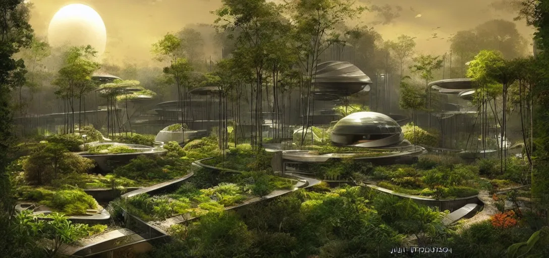 Image similar to a futuristic solarpunk garden, designed by jørn utzon, sci - fi, digital art by paul chadeisson