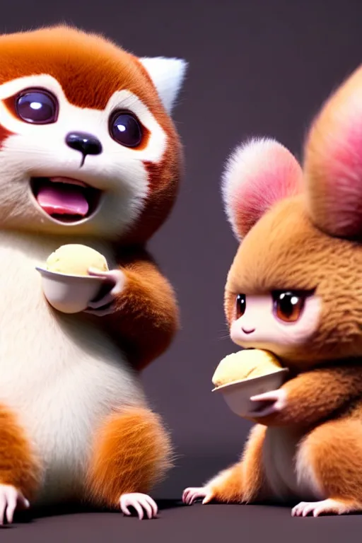 Image similar to high quality 3 d render hyperrealist very cute pastel fluffy! red panda & tarsier hybrid eating giant ice cream, vray smooth, in the style of detective pikachu, hannah yata, very dramatic light, low angle, uhd 8 k, shallow depth or field