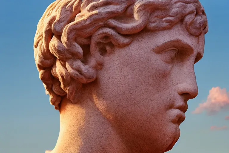 Prompt: a photograph of a greek statue thinking deeply and a pink sky in the background, hyper realistic, 8 k