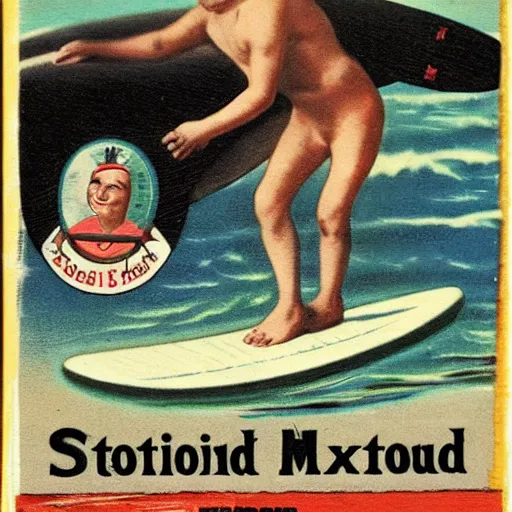 Image similar to staffordshire terrier boxer mix, riding a surfboard, as a vintage hawaiian postcard