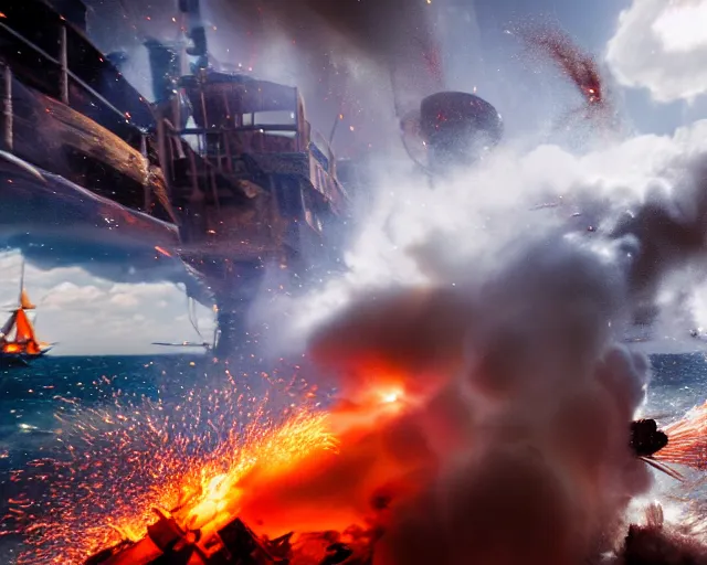 Image similar to action photography of an explosion on a pirate ship, fast shutter speed, high speed, VFX particle simulation, action photo, 1/1000 sec shutter