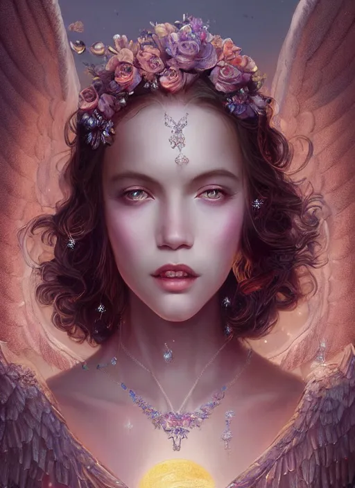 Image similar to A beautiful digital painting of a female angel full of jewels, princess, the moon behind her, intricate, cinematic lighting, highly detailed, digital painting, Artstation, concept art, smooth, sharp focus, illustration, art by Tom Bagshaw, Artgerm and Greg Rutkowski